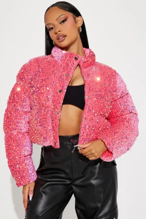 Allure Sequin Puffer Jacket - Pink