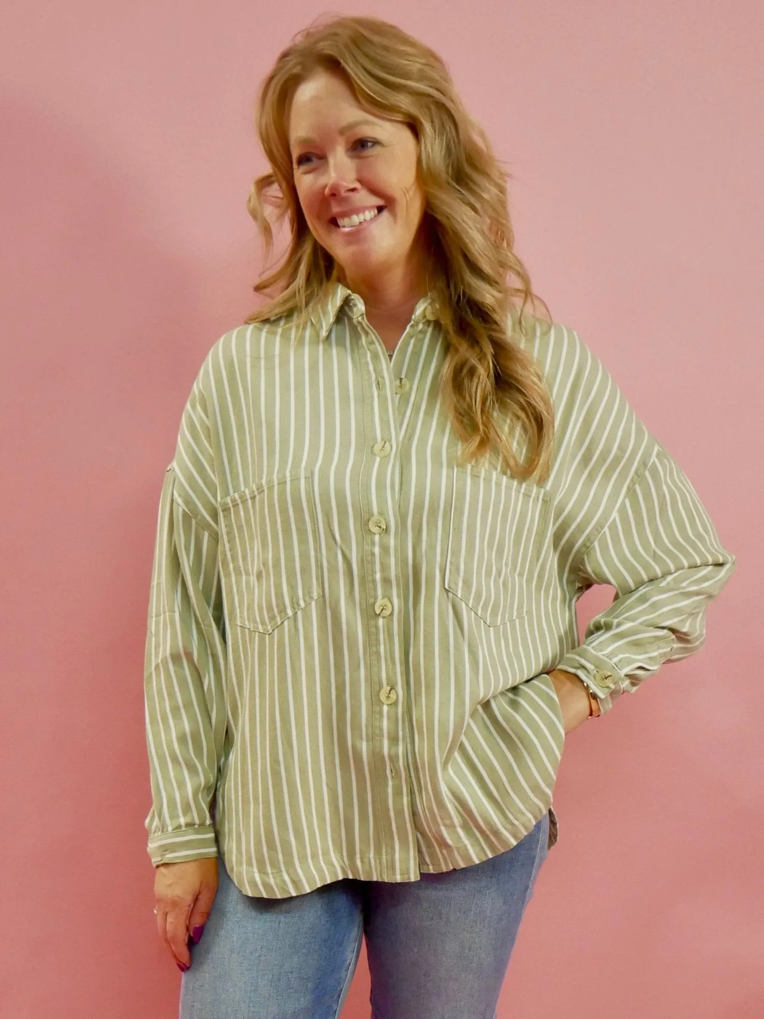 Amelia Long Sleeve Striped Button Down Top in Olive