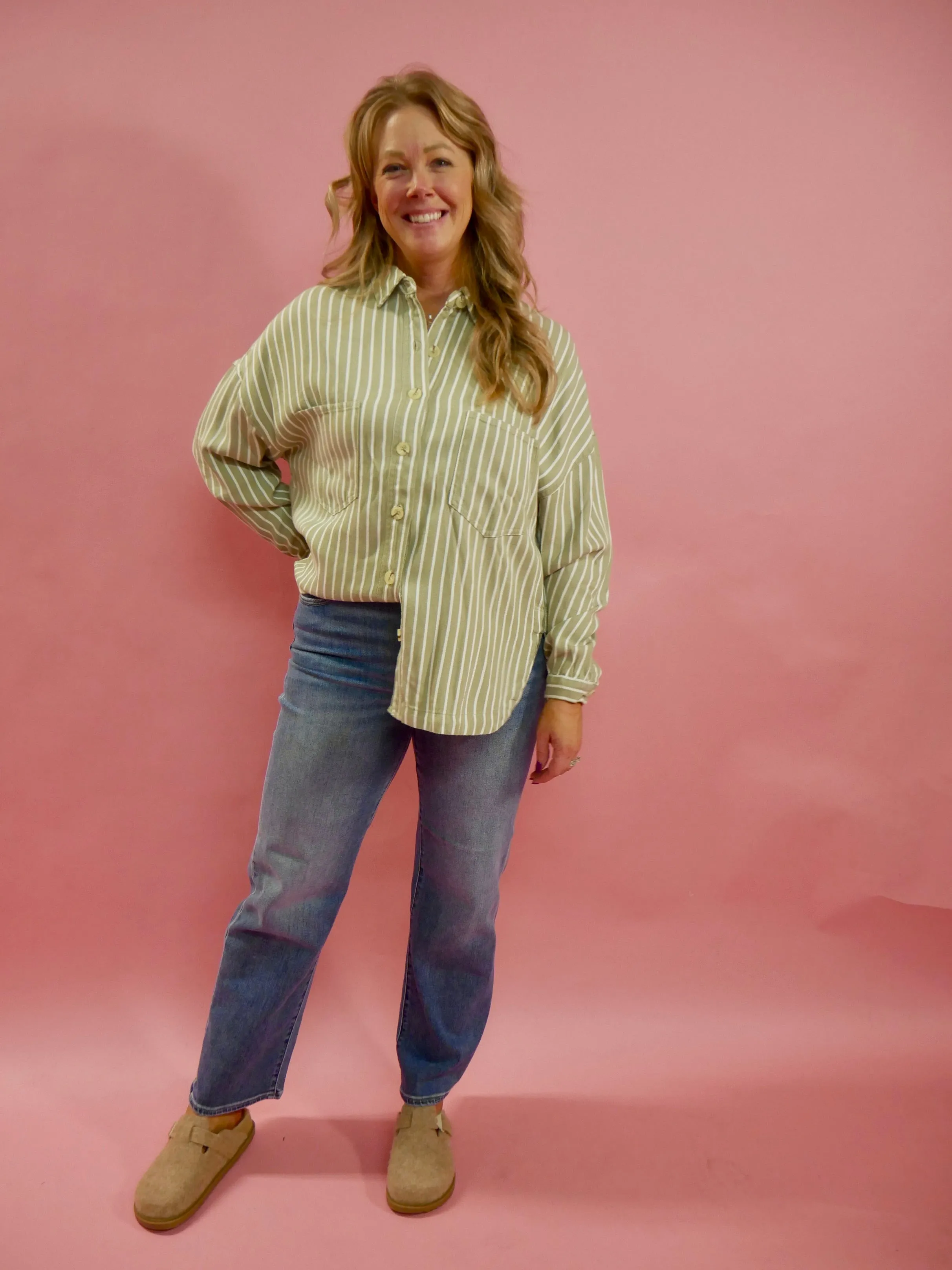 Amelia Long Sleeve Striped Button Down Top in Olive