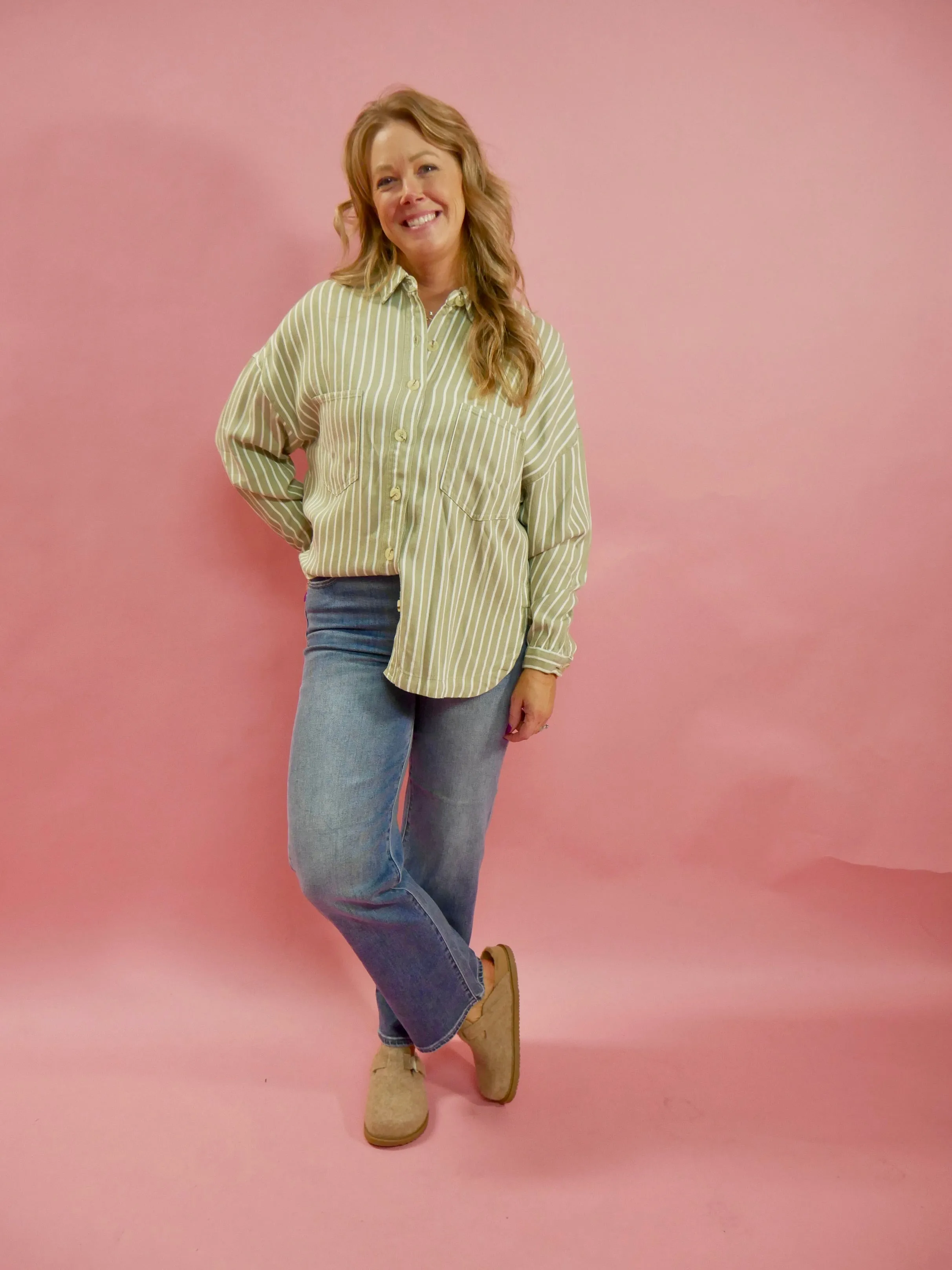 Amelia Long Sleeve Striped Button Down Top in Olive