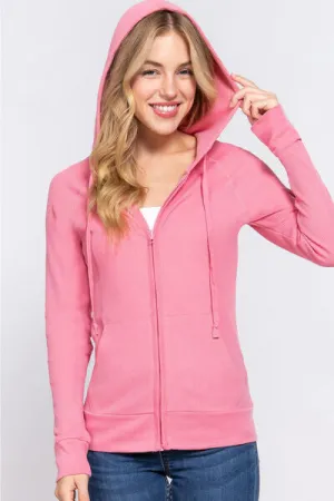 Arianna Waffle Knit Drawstring Zip Up Long Sleeve Hoodie