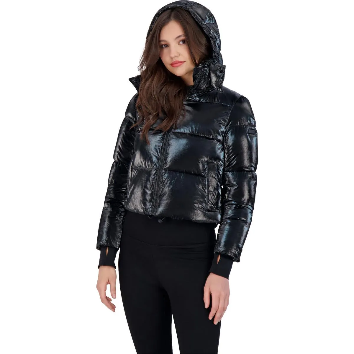 BCBGMAXAZRIA Women’s Metallic Quilted Cropped Puffer Coat