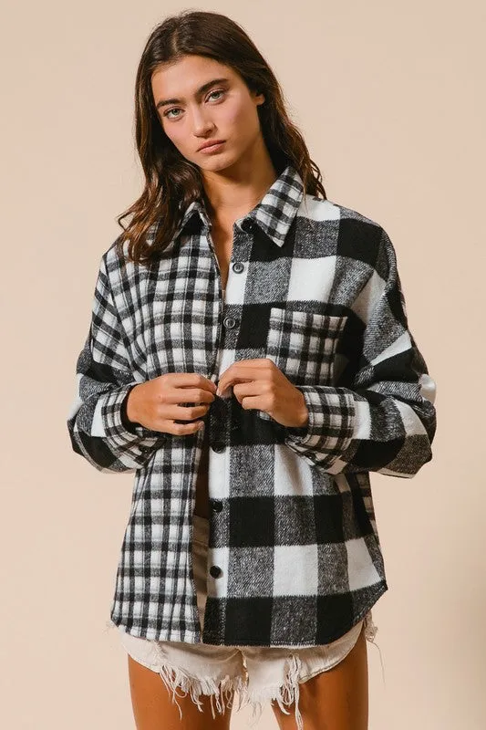 BiBi Women Shirt Black Plaid Fleece US Stock Button Down Long Sleeve