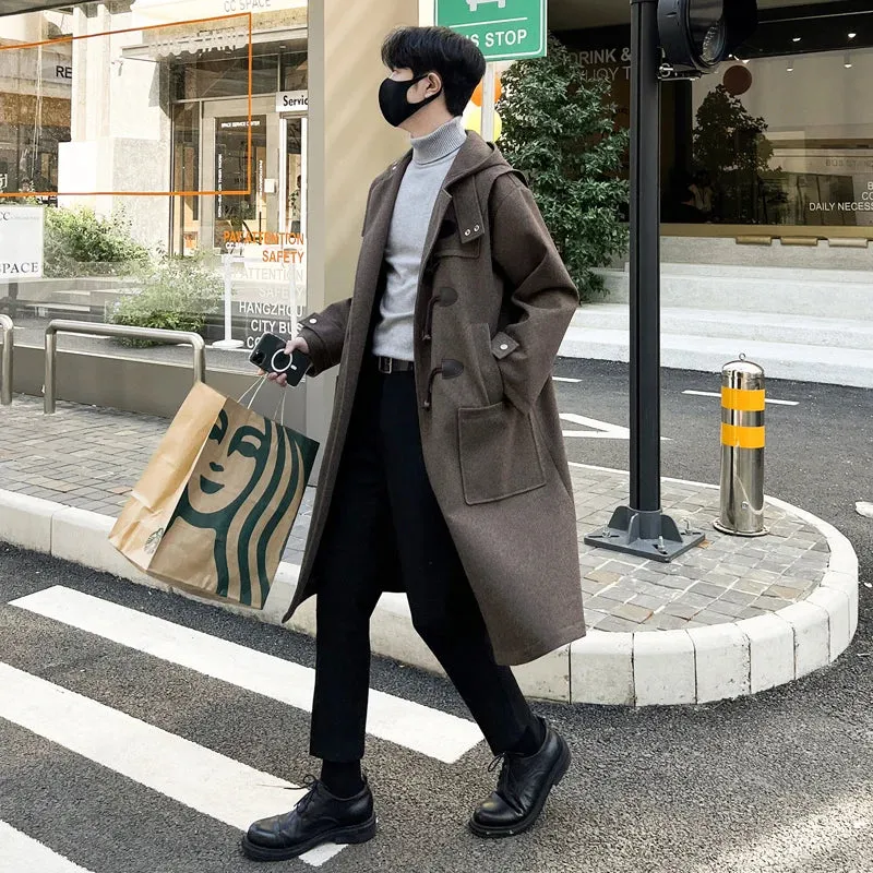 Bonsir Korean-style Woolen Trench Men Horn Button Casual Long Windbreaker Winter Hooded Jacket Coats Fashion Trenchcoat