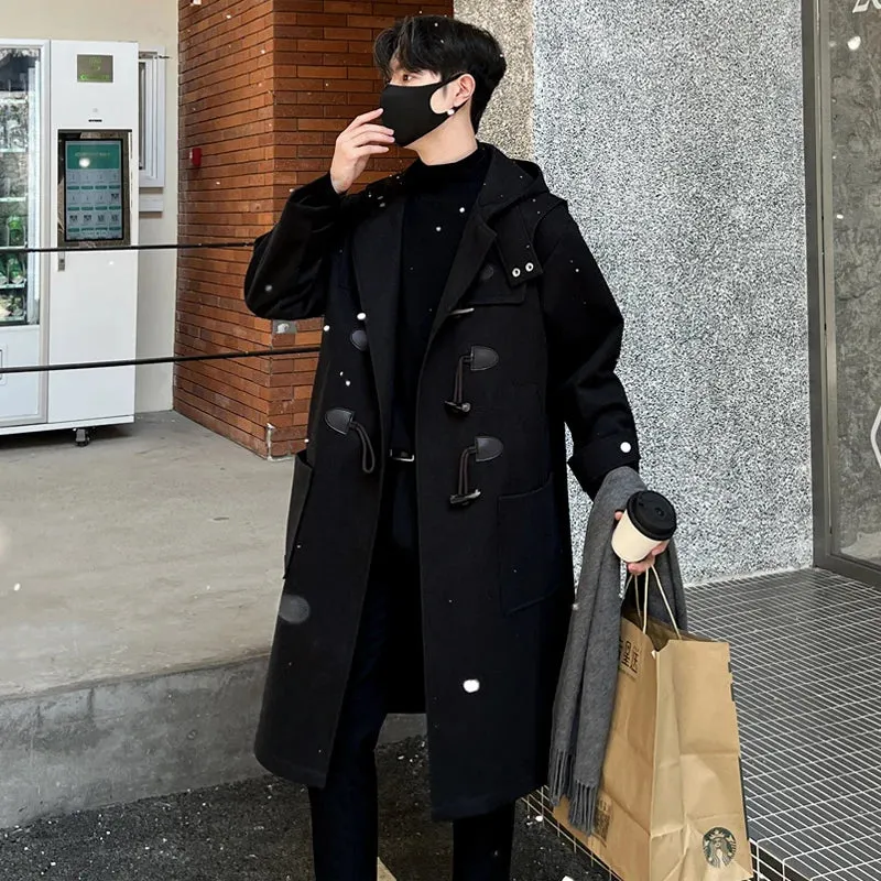 Bonsir Korean-style Woolen Trench Men Horn Button Casual Long Windbreaker Winter Hooded Jacket Coats Fashion Trenchcoat