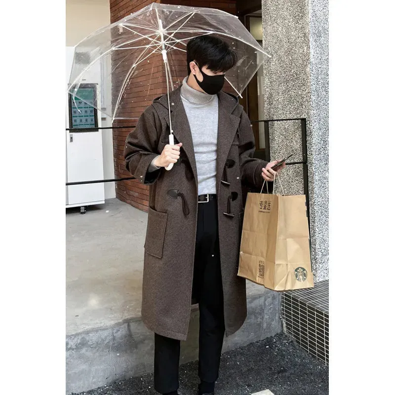 Bonsir Korean-style Woolen Trench Men Horn Button Casual Long Windbreaker Winter Hooded Jacket Coats Fashion Trenchcoat