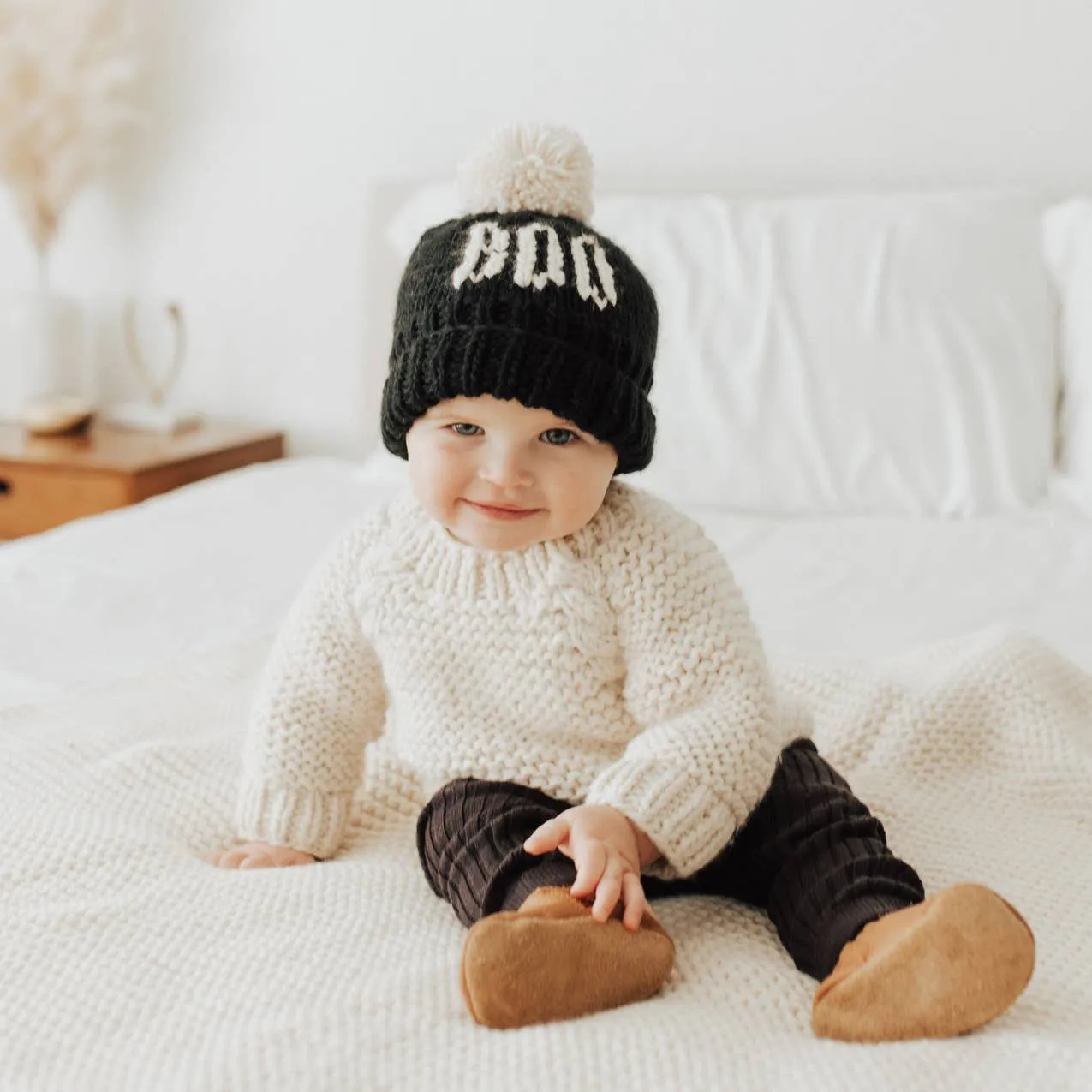 BOO Black Hand Knit Halloween Beanie Hat