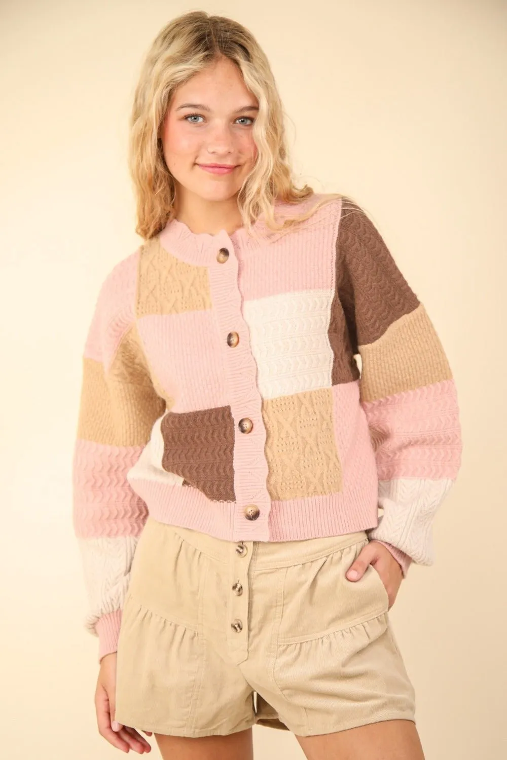 Color Block Button Down Textured Cardigan in Blush