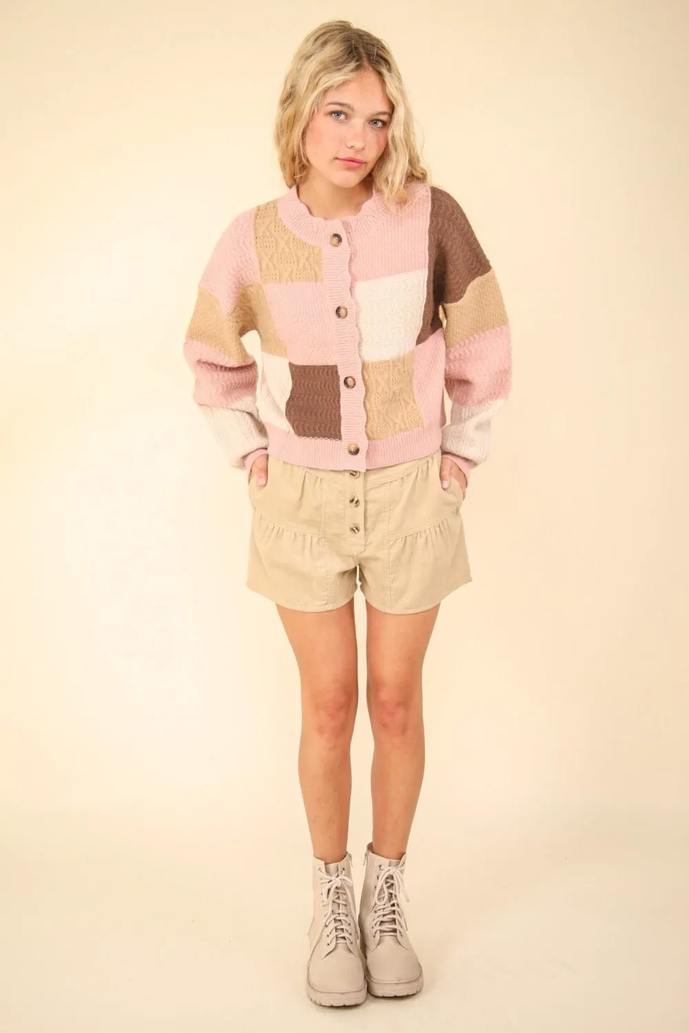 Color Block Button Down Textured Cardigan in Blush