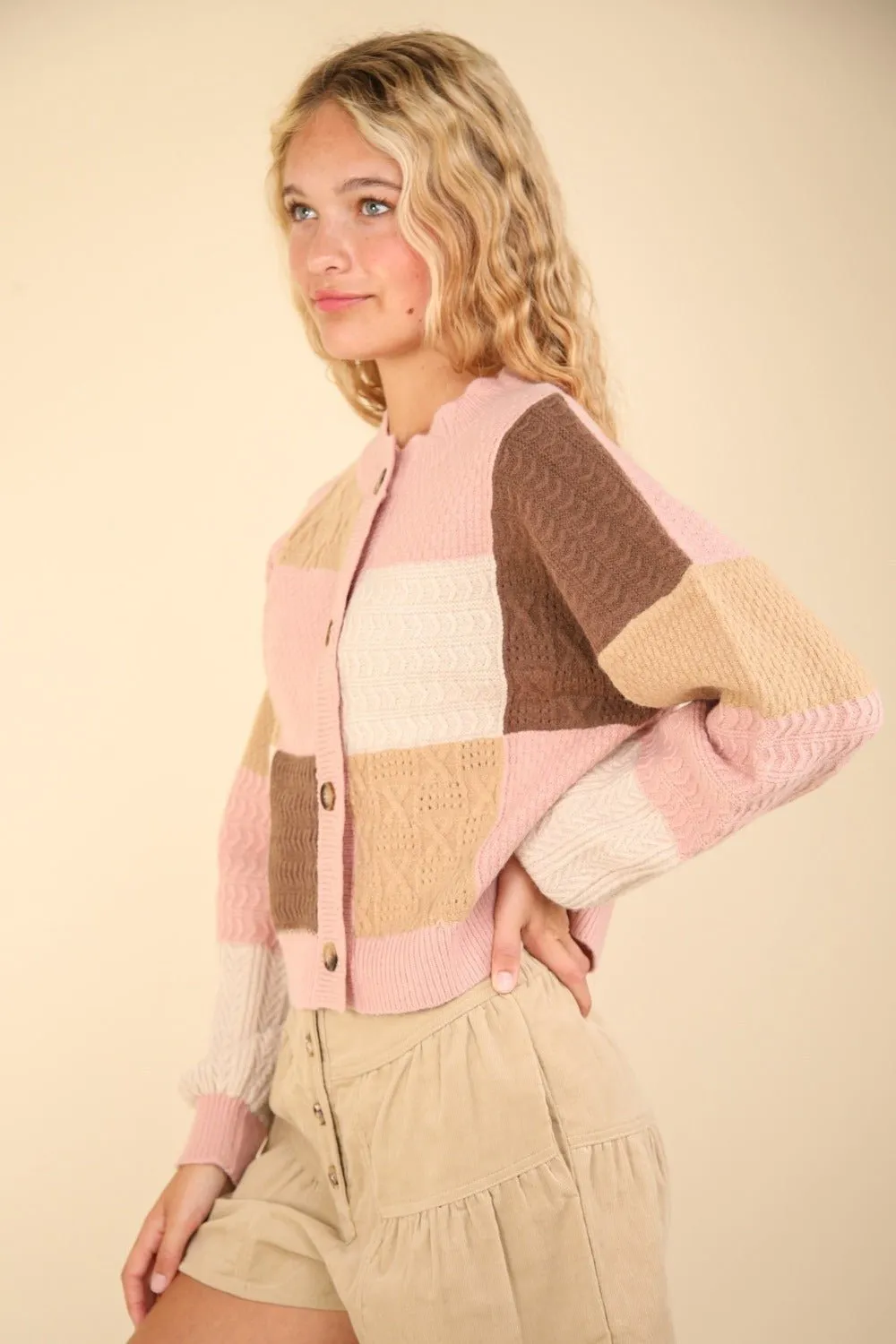 Color Block Button Down Textured Cardigan in Blush