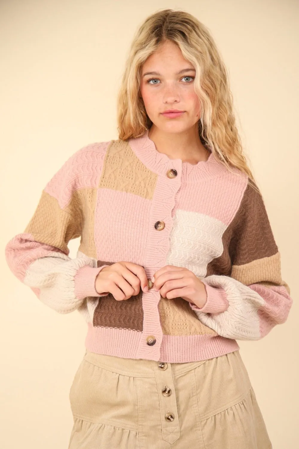 Color Block Button Down Textured Cardigan in Blush