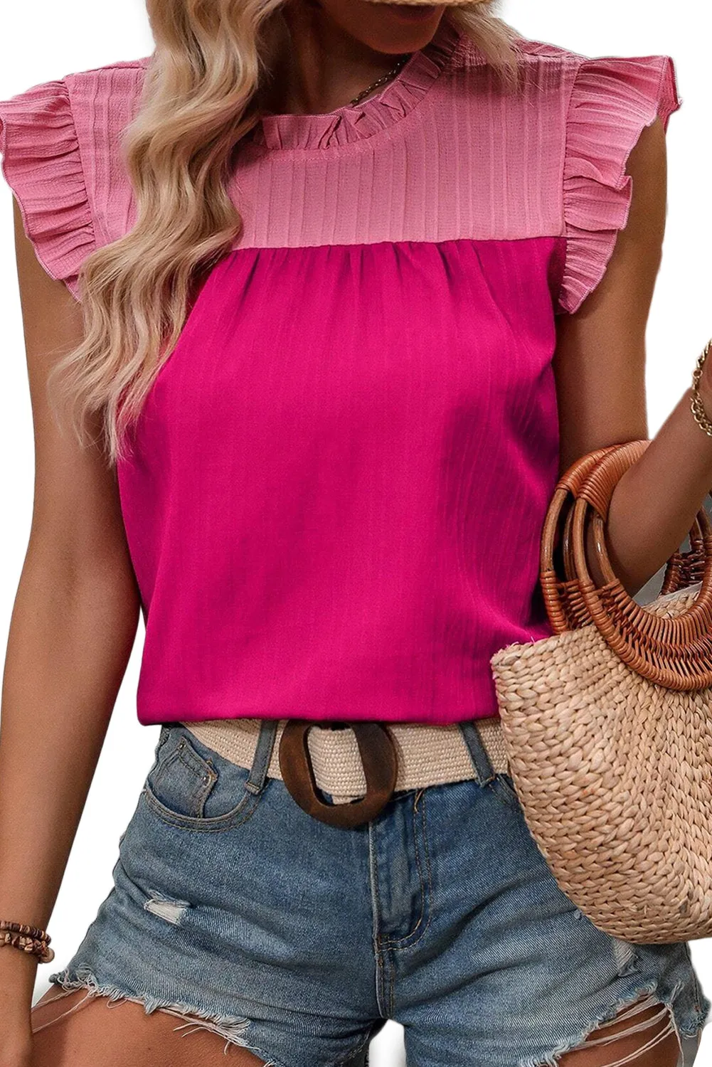 Colorblock Ruffle Flutter Sleeve Blouse