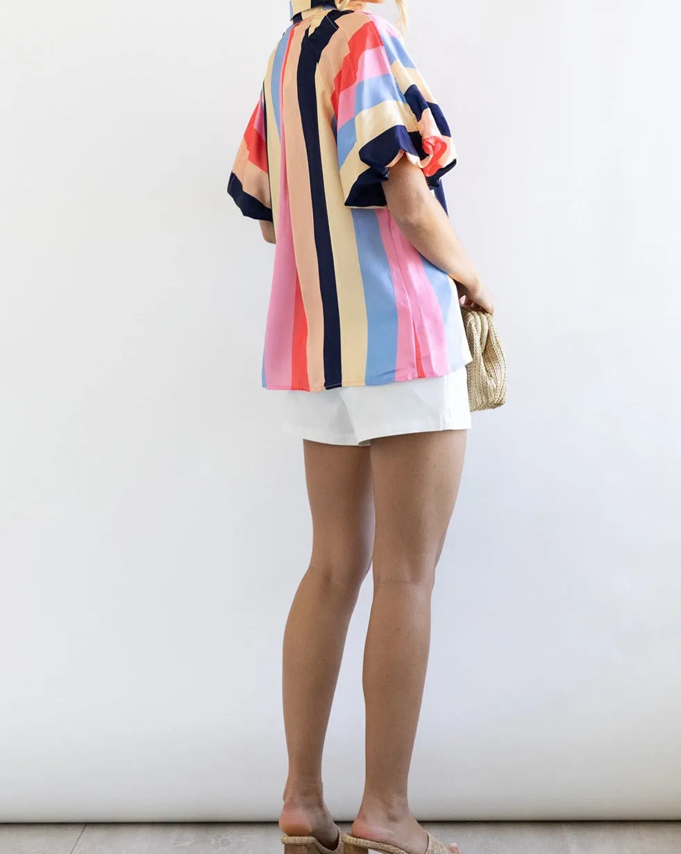 Colorblock Stripe Puff Sleeve Shirt