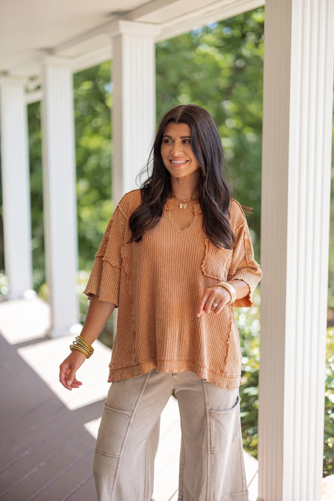 Cozy Perfection Washed Caramel Top