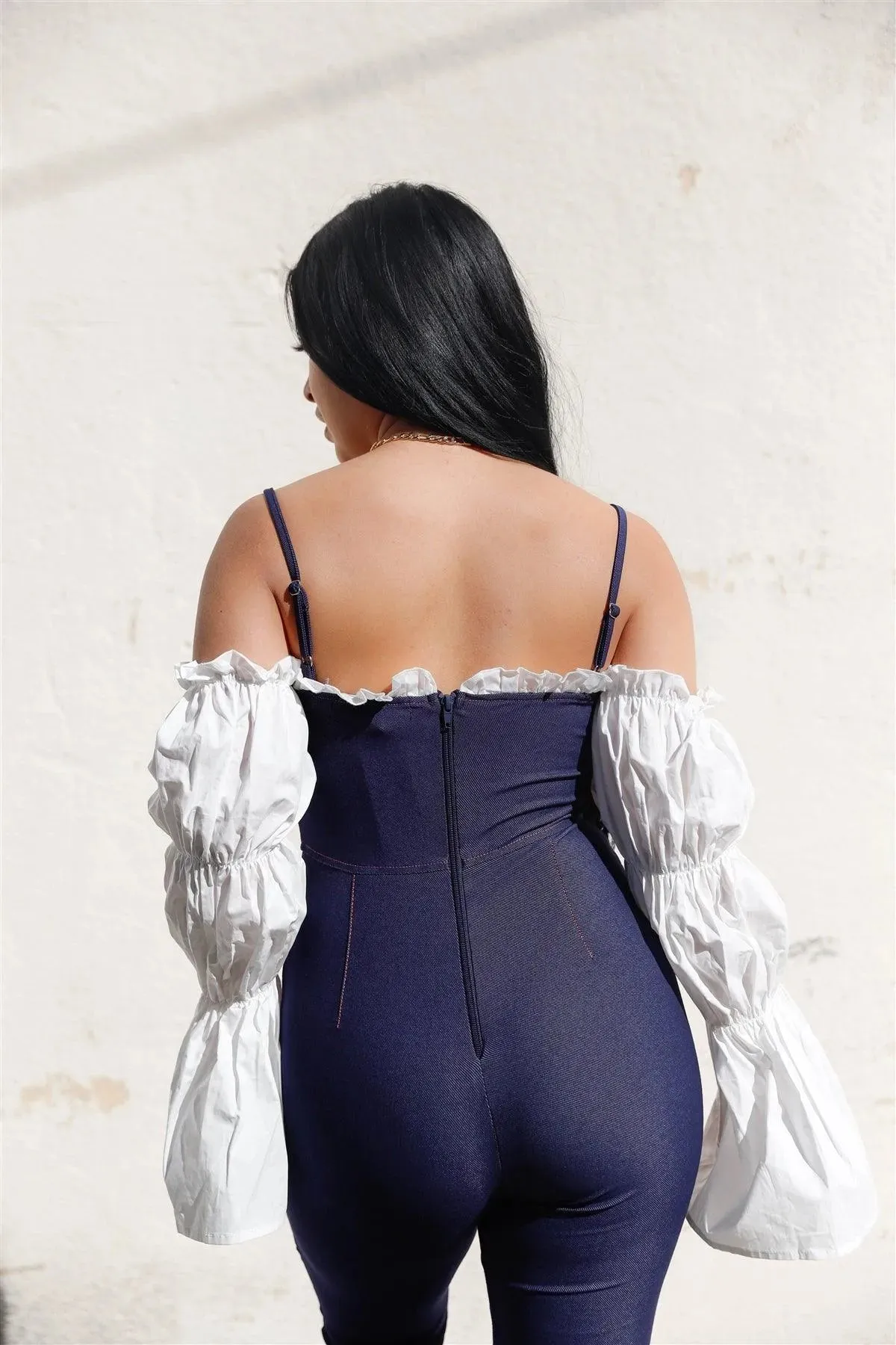 Dark Blue Denim Contrast Off-The-Shoulder Lace Down Front Virago Sleeve Flare Leg Jumpsuit /2-2-2