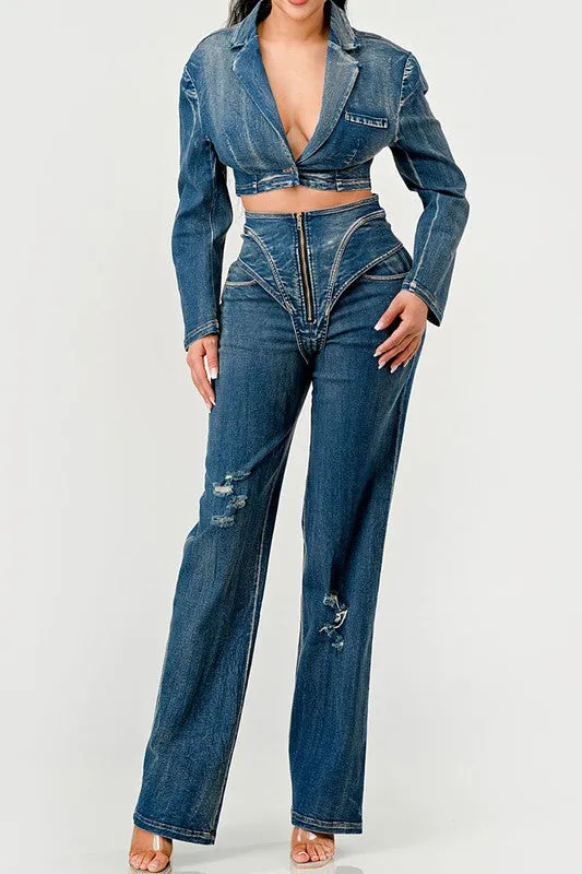 Distressed Denim Pant Set