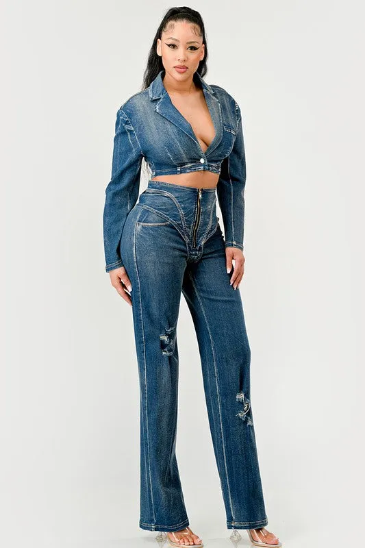 Distressed Denim Pant Set