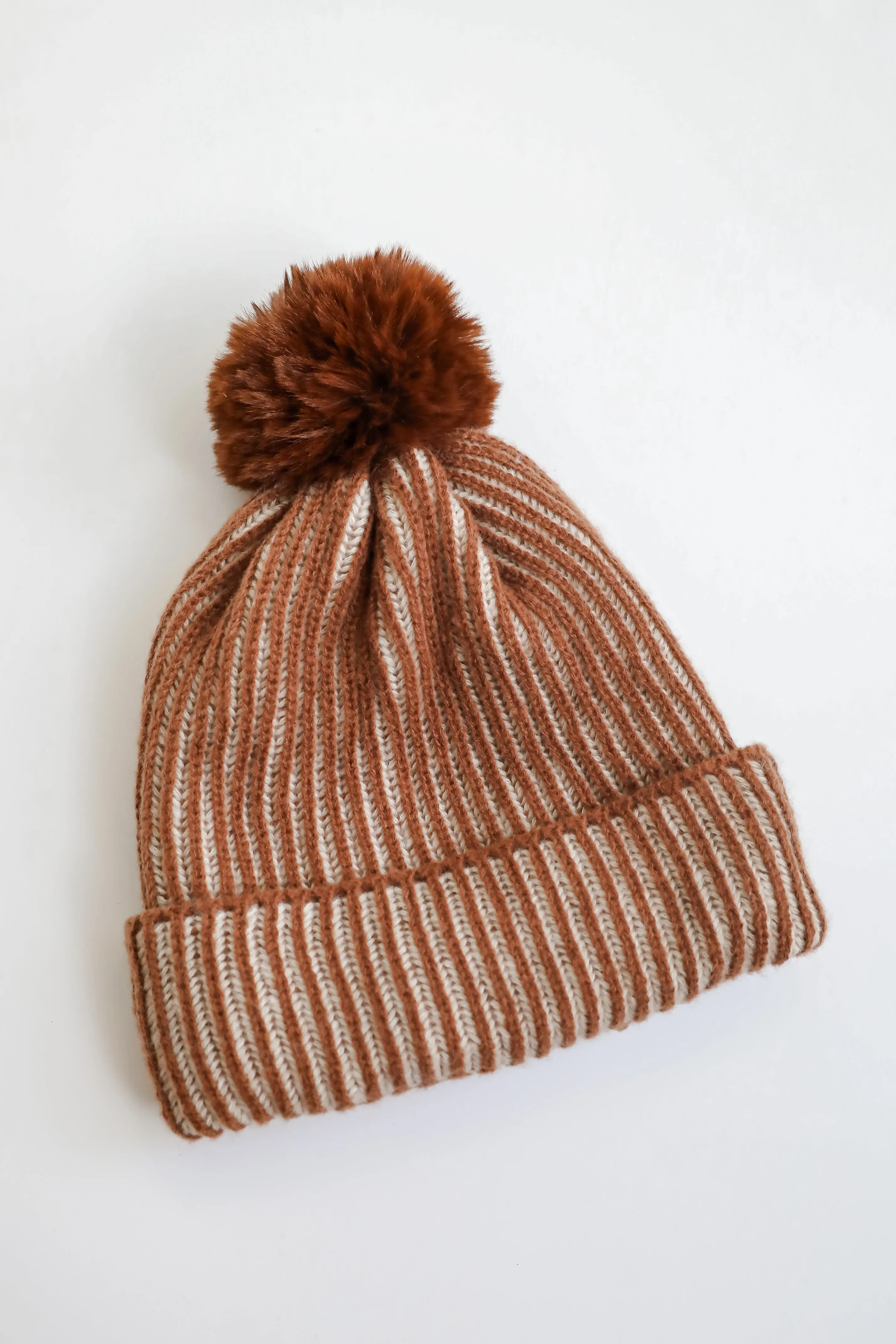 Exceptionally Cozy Brown Ribbed Pom Pom Beanie - DOORBUSTER