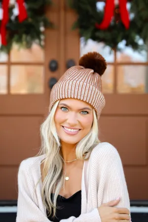 Exceptionally Cozy Brown Ribbed Pom Pom Beanie - DOORBUSTER