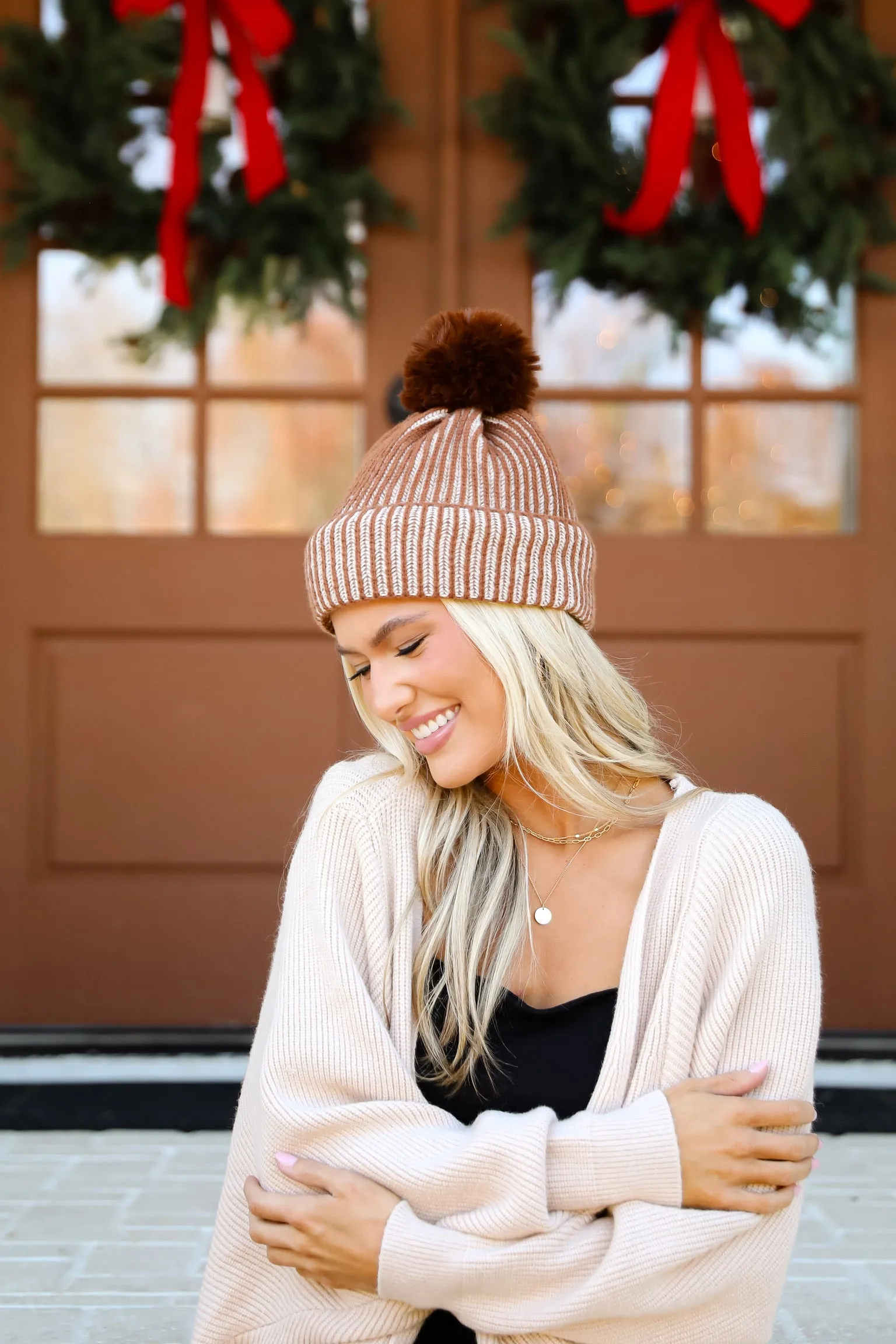 Exceptionally Cozy Brown Ribbed Pom Pom Beanie - DOORBUSTER