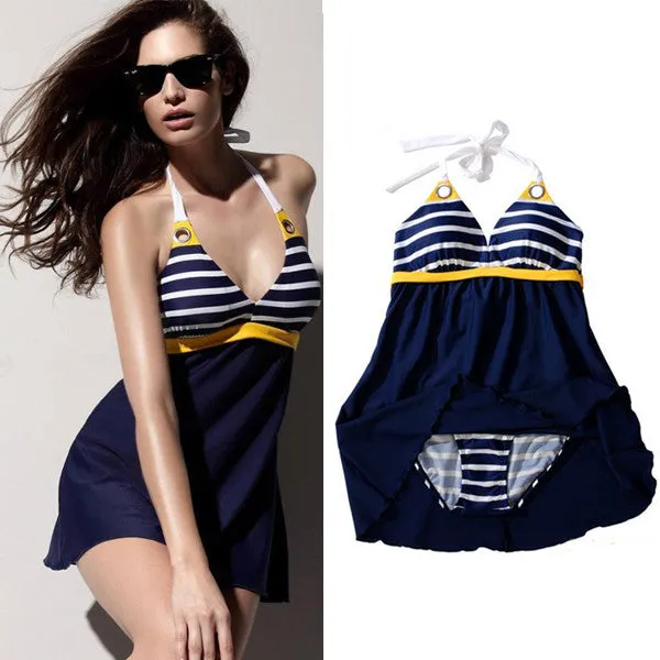 Fashion Sexy Stripe Plus Size Padded Navy Blue Halter Skirt Swimwear Women One Piece Swimsuit Beachwear Bathing Suit