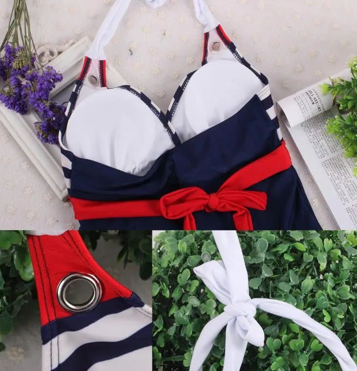 Fashion Sexy Stripe Plus Size Padded Navy Blue Halter Skirt Swimwear Women One Piece Swimsuit Beachwear Bathing Suit