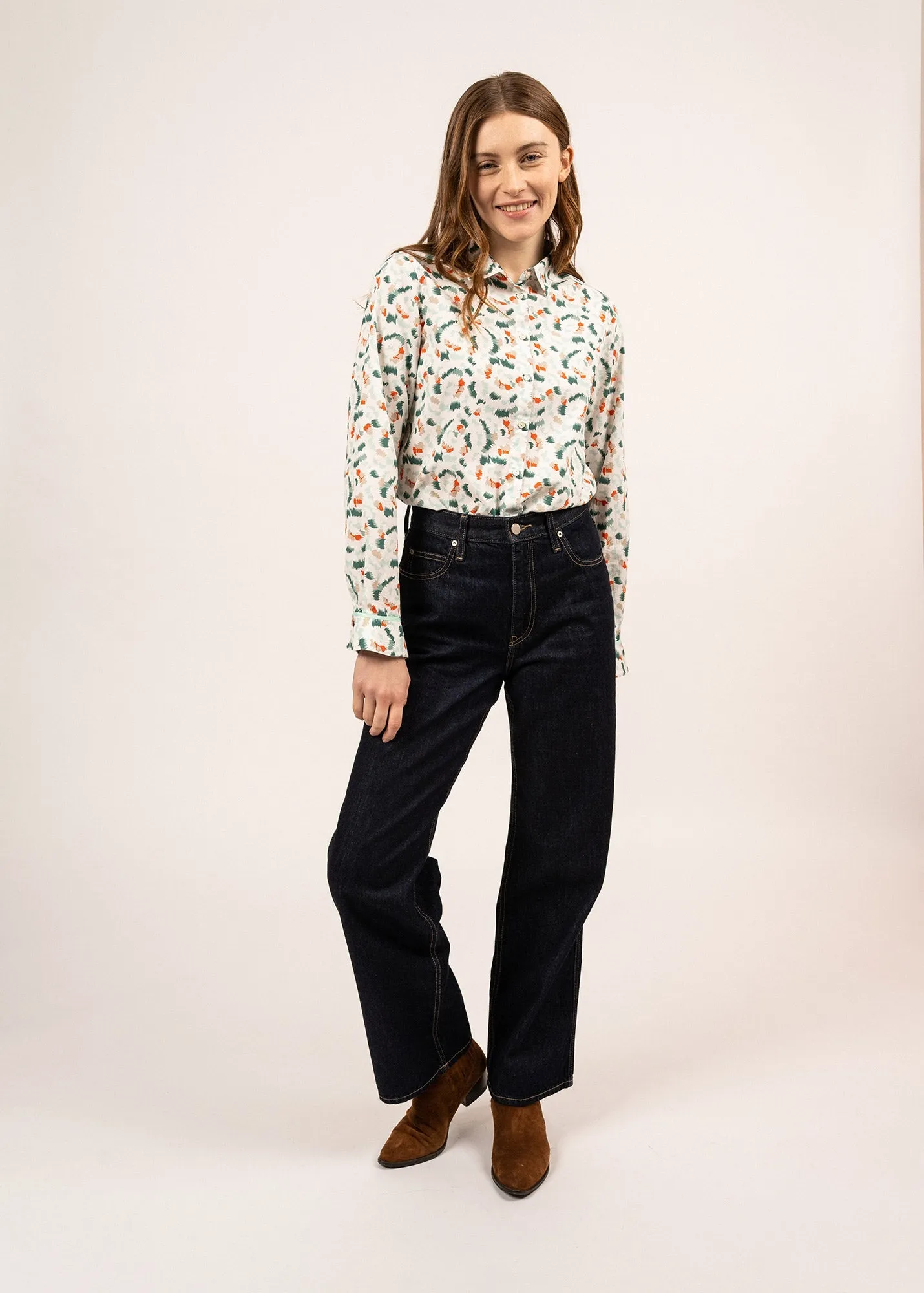 Flavie printed shirt - in cotton poplin (BLANC/JADE/ORANGE)