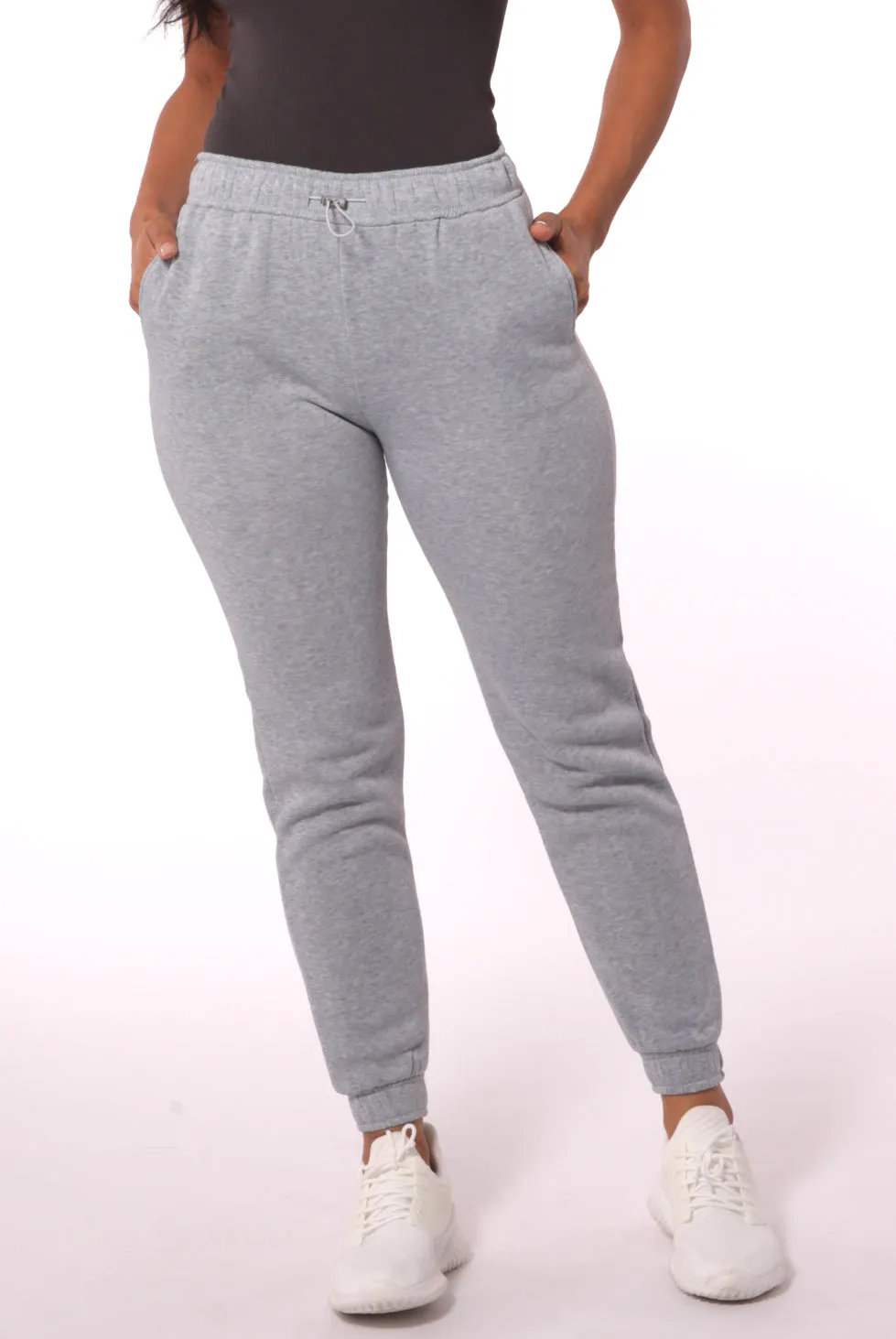 Fleece Lined Sweatpants with Bungee Cord Waist - Light Gray