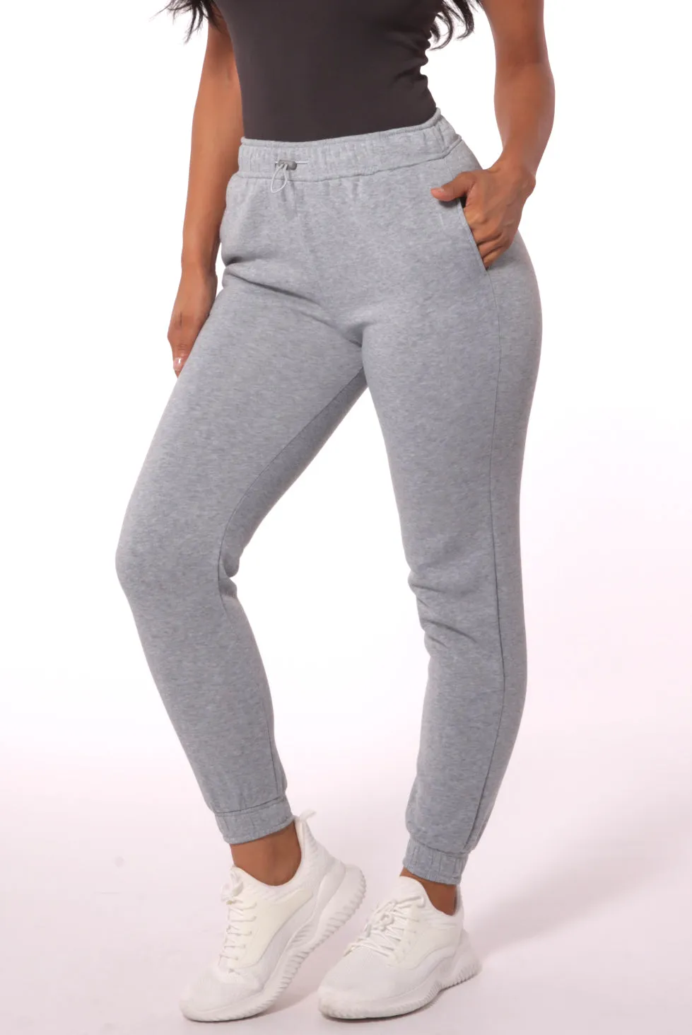 Fleece Lined Sweatpants with Bungee Cord Waist - Light Gray