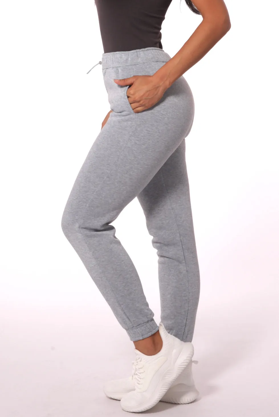 Fleece Lined Sweatpants with Bungee Cord Waist - Light Gray