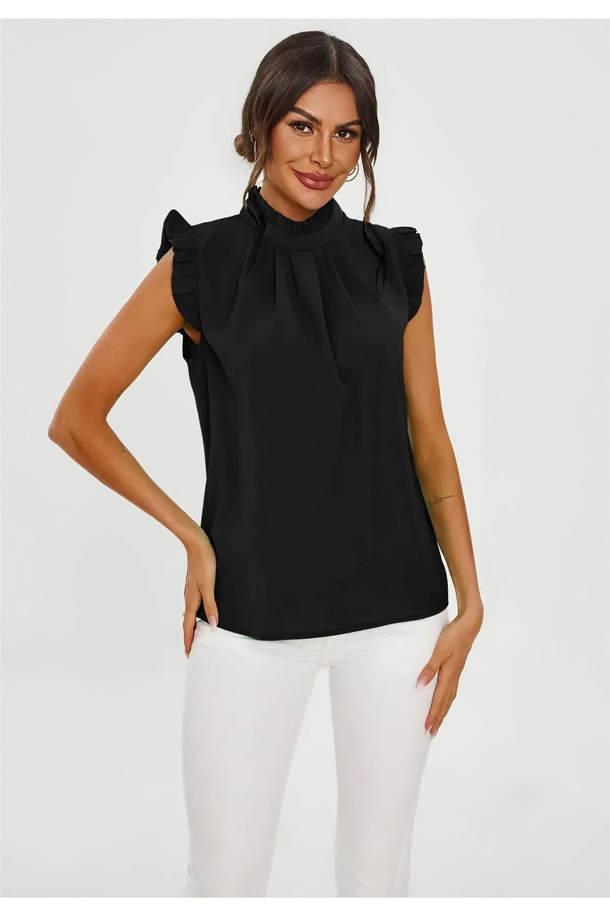 FS Collection Frill Trim Sleeve High Neck Blouse Top In Black