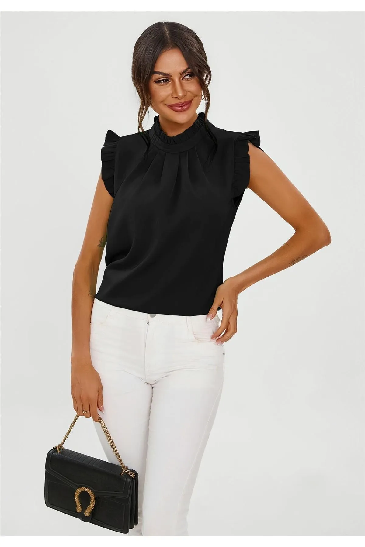 FS Collection Frill Trim Sleeve High Neck Blouse Top In Black