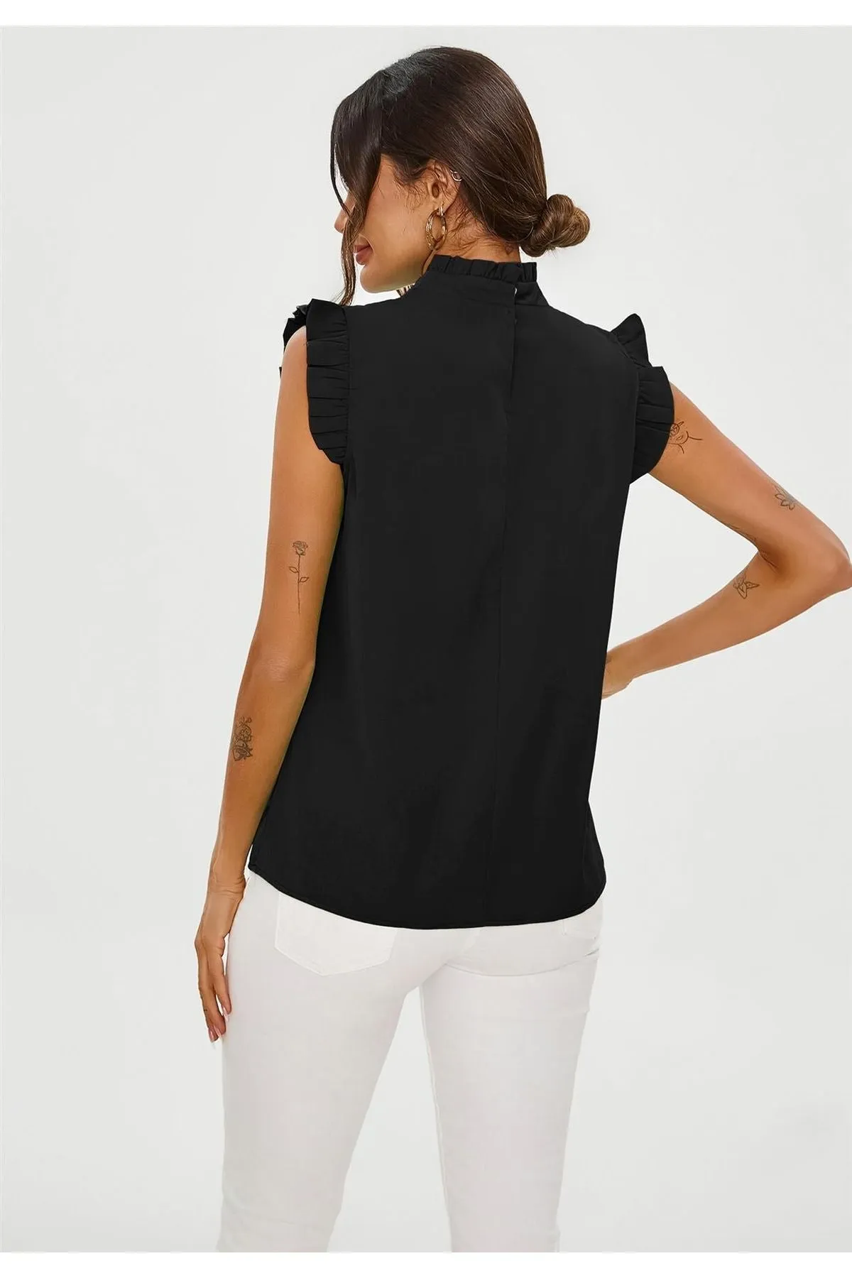 FS Collection Frill Trim Sleeve High Neck Blouse Top In Black