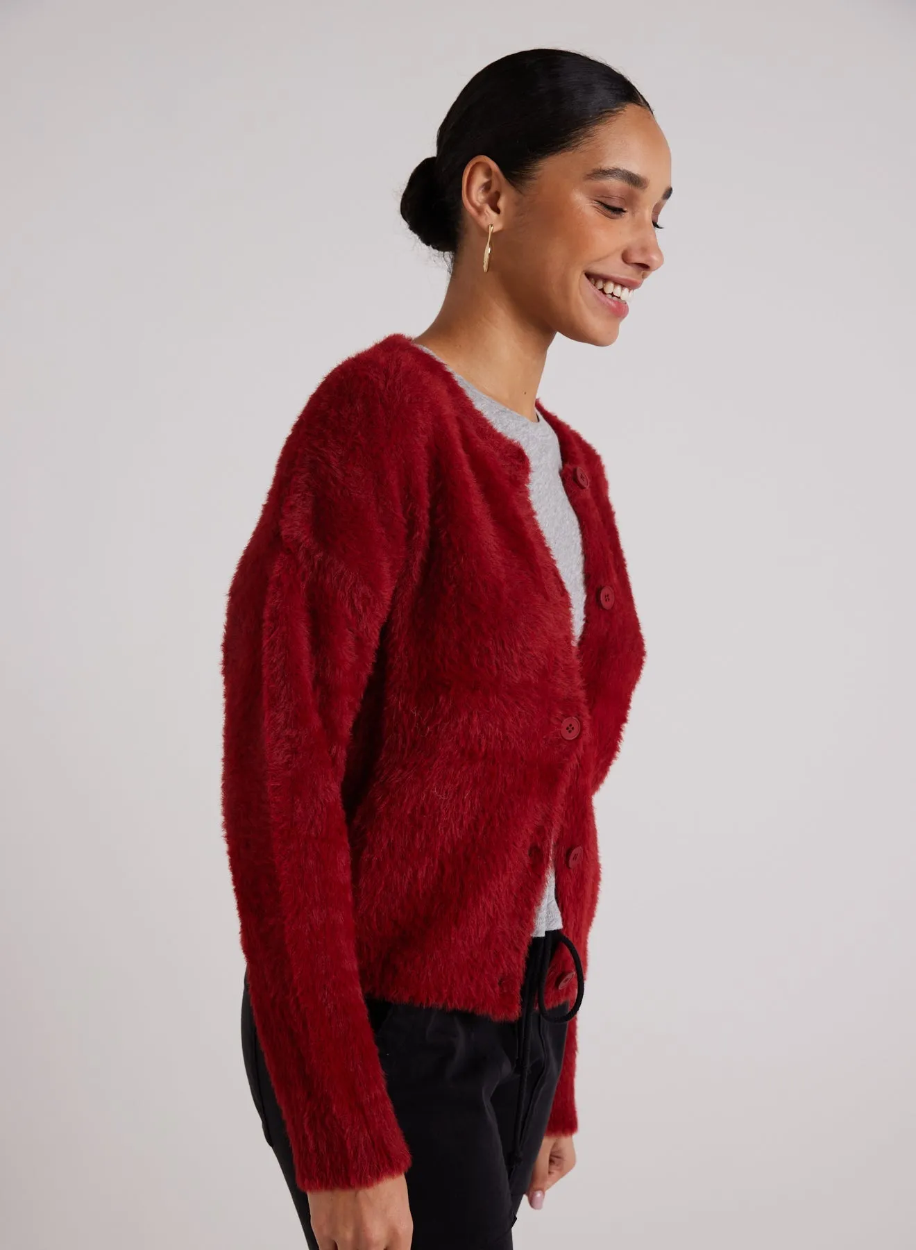 Fuzzy Crew Neck Cardigan - Ruby Red