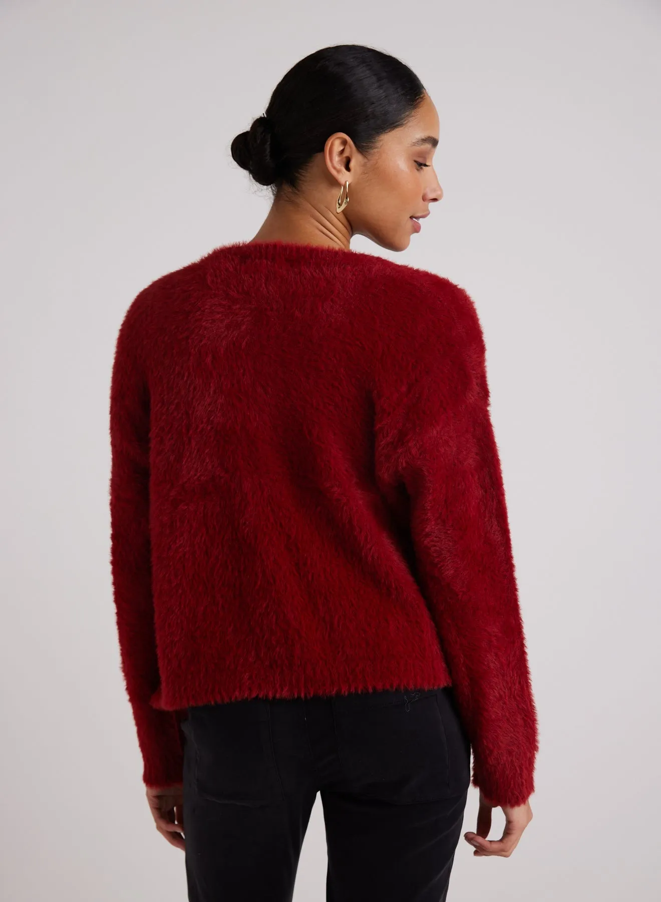 Fuzzy Crew Neck Cardigan - Ruby Red