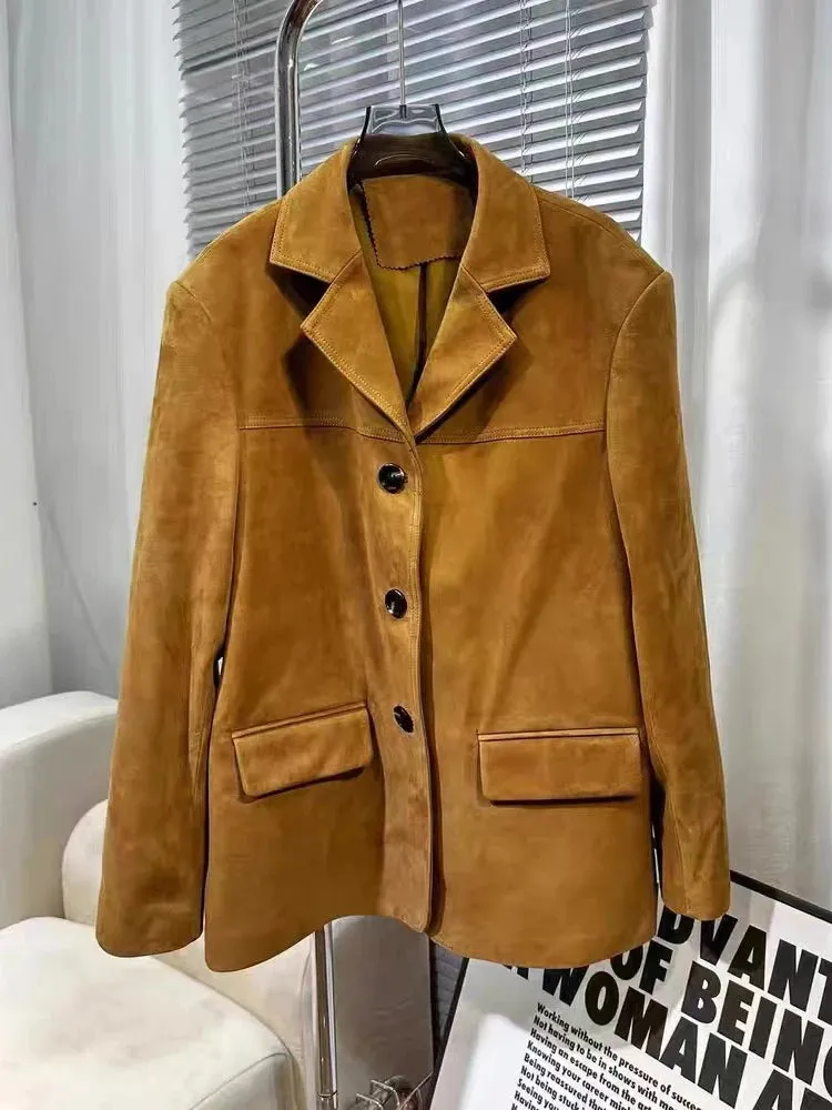 High quality vintage 100% suede leather brown jacket beige fall autumn jacket