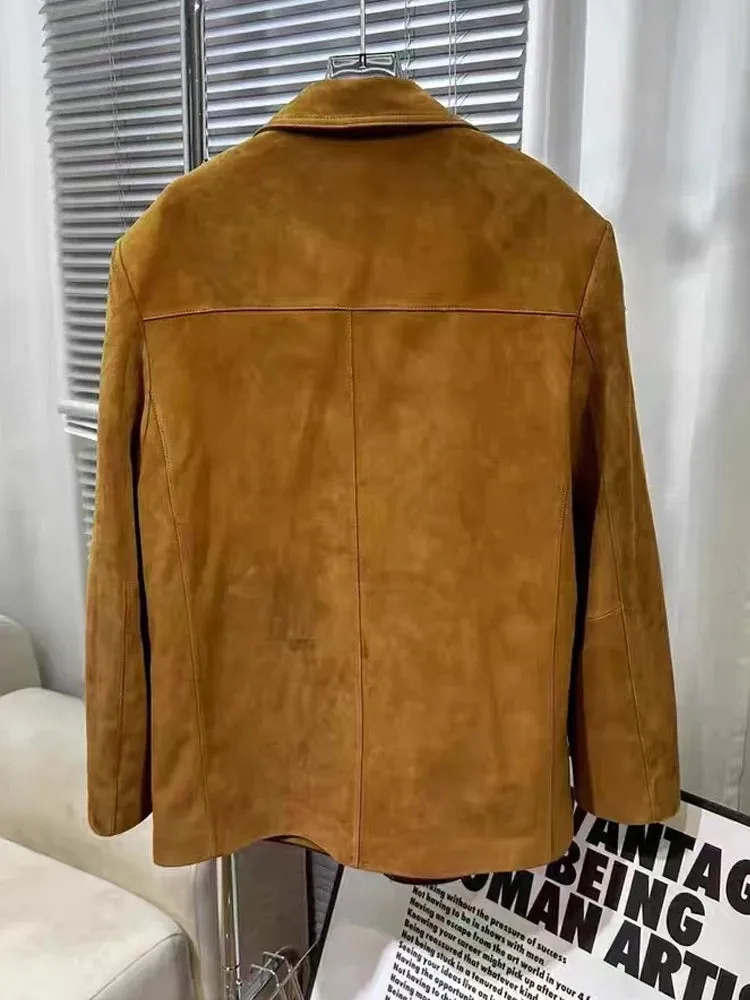 High quality vintage 100% suede leather brown jacket beige fall autumn jacket