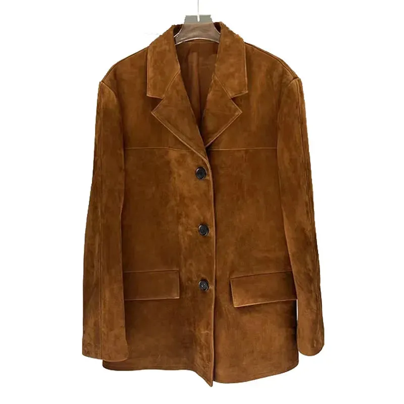 High quality vintage 100% suede leather brown jacket beige fall autumn jacket