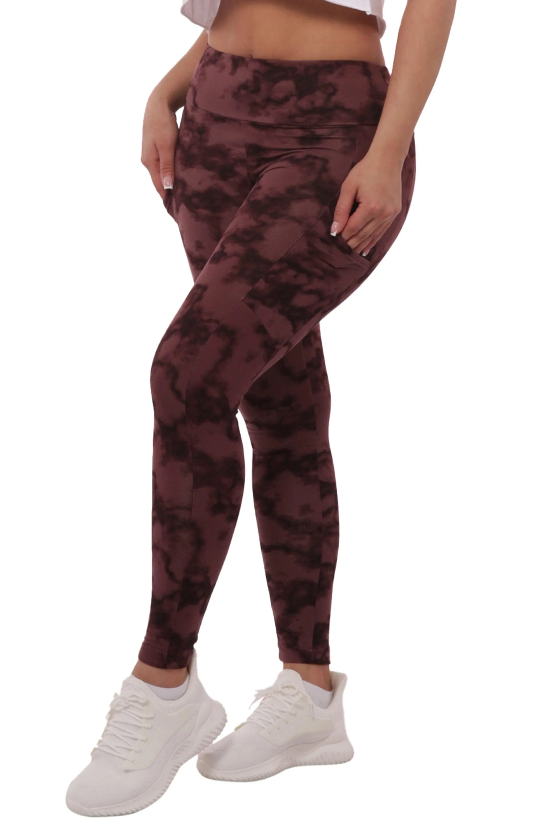 High Waist Fleece Lined Leggings With Side Pockets - Burgundy Tie Dye