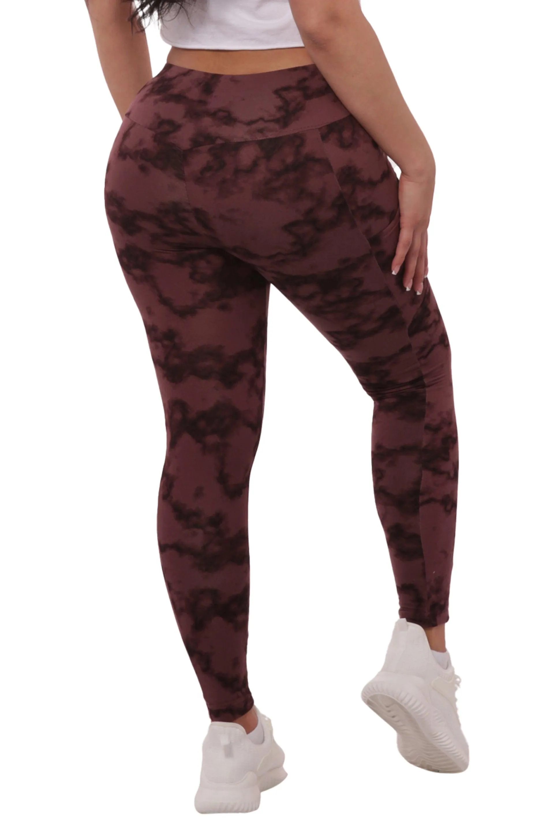 High Waist Fleece Lined Leggings With Side Pockets - Burgundy Tie Dye