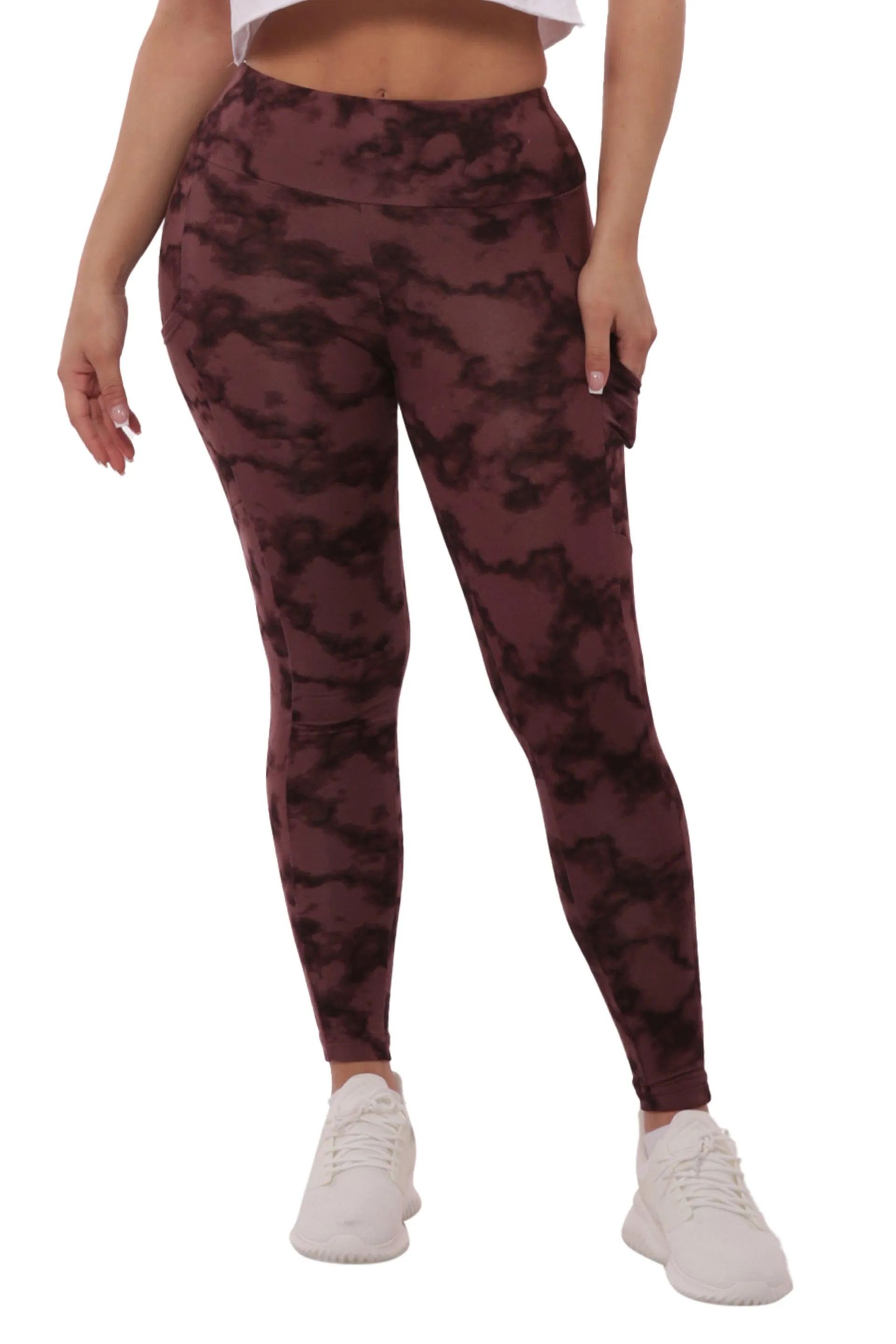 High Waist Fleece Lined Leggings With Side Pockets - Burgundy Tie Dye