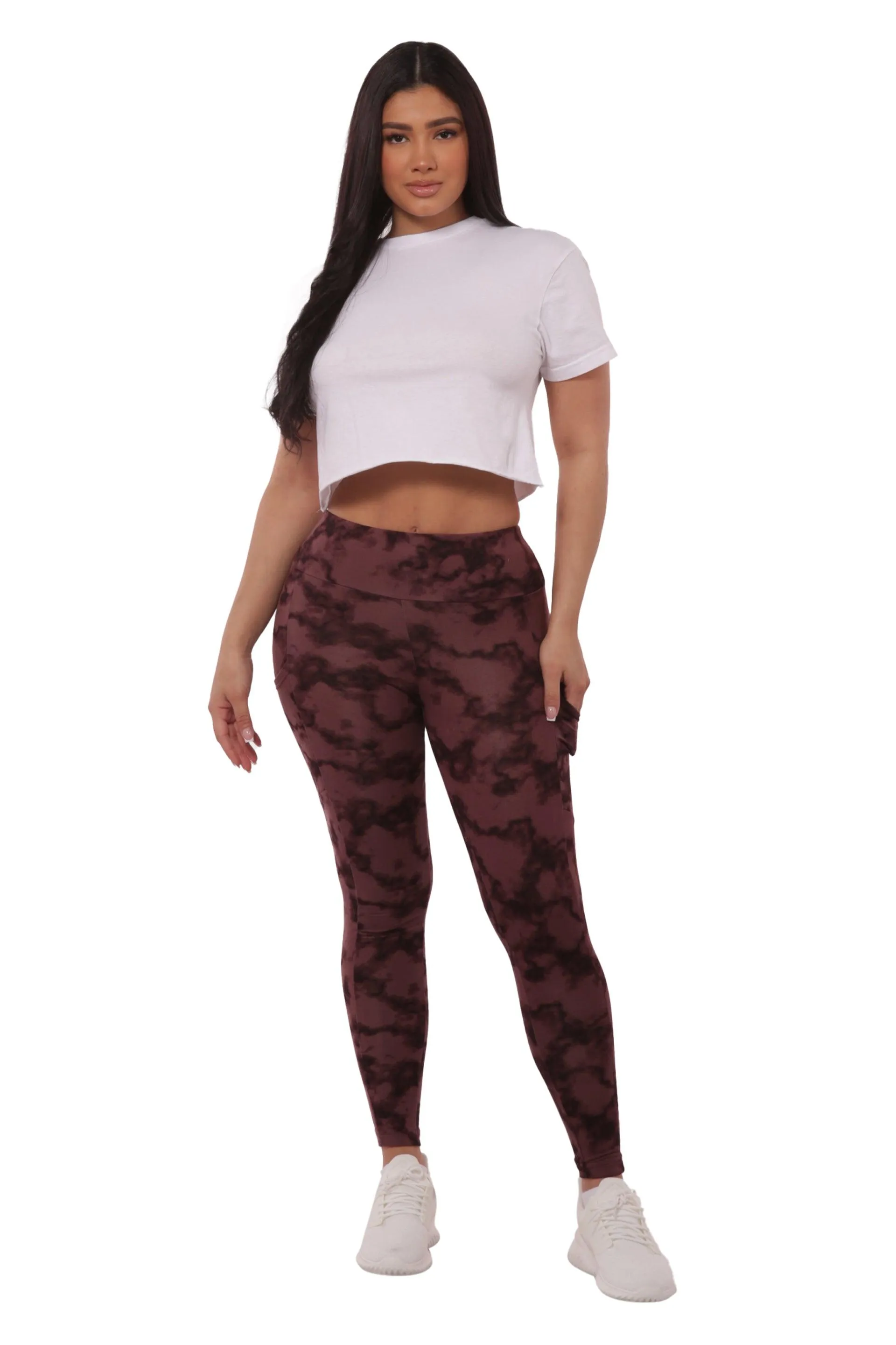 High Waist Fleece Lined Leggings With Side Pockets - Burgundy Tie Dye