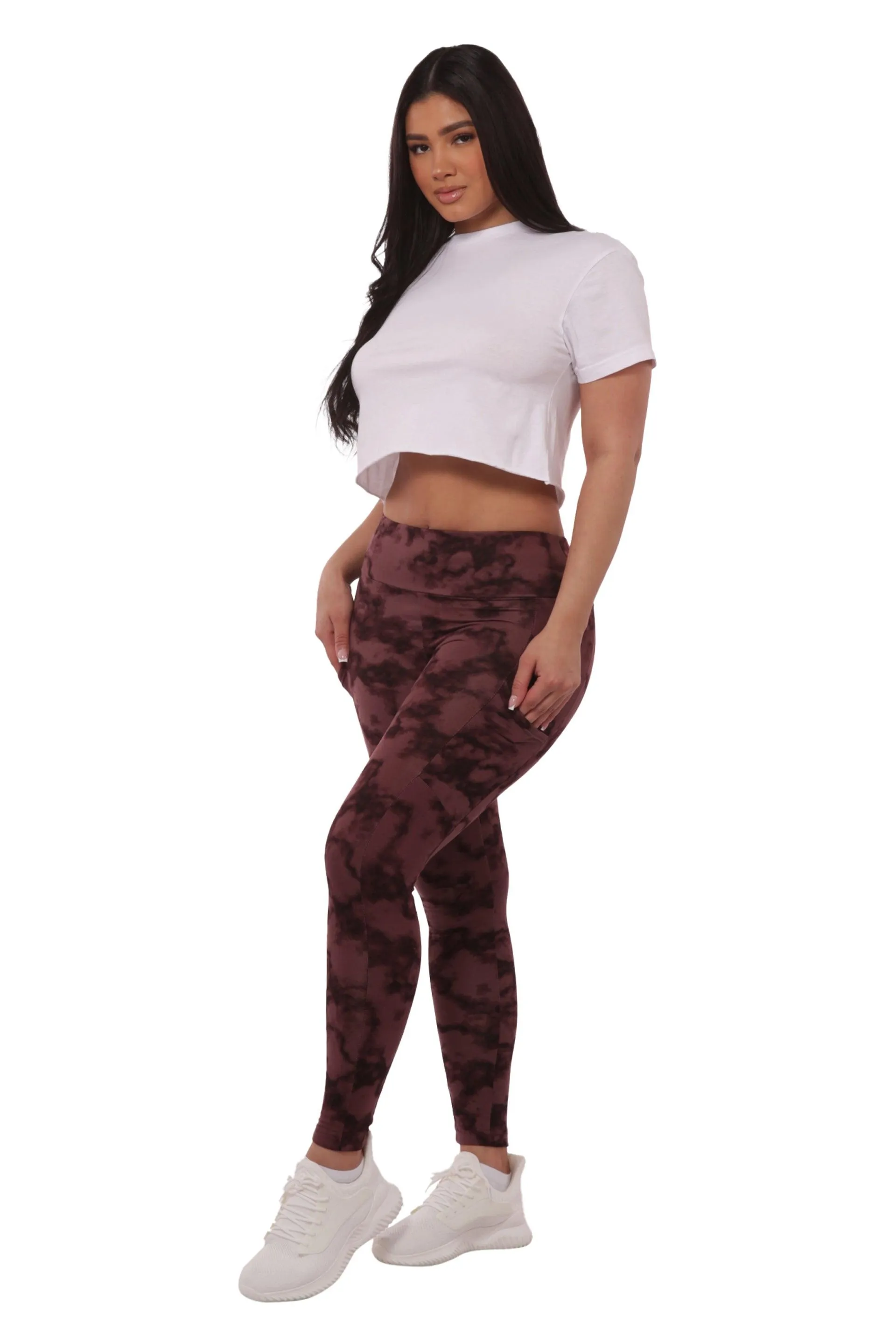 High Waist Fleece Lined Leggings With Side Pockets - Burgundy Tie Dye