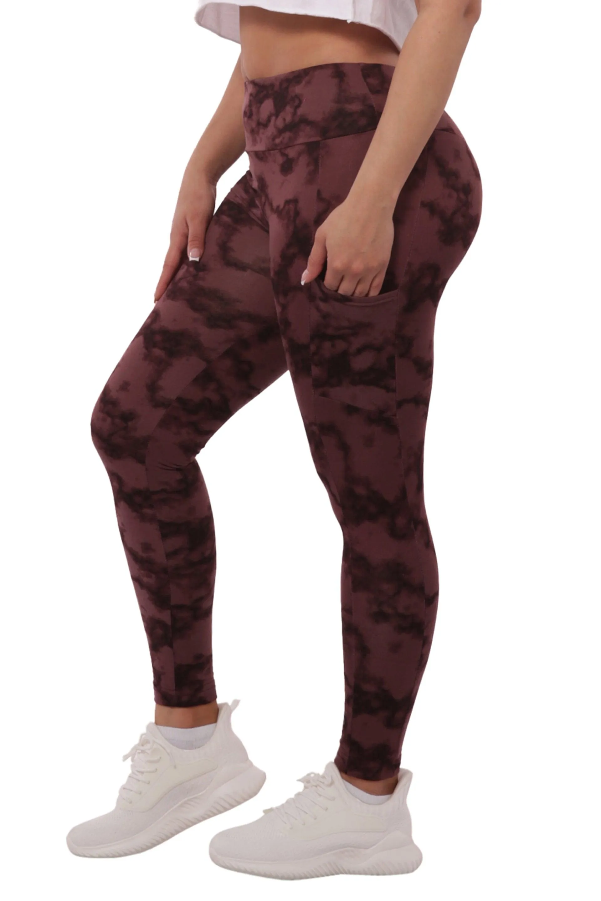 High Waist Fleece Lined Leggings With Side Pockets - Burgundy Tie Dye