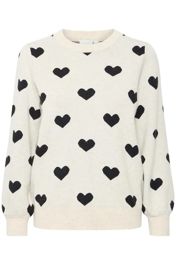 ICHI Brielle Oatmeal & Black Heart Knitted Pullover