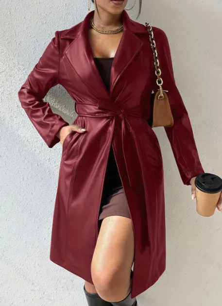 Long Sleeve Lapel PU Leather Jacket With Pockets Slim Fit Long Trench Coat Women's