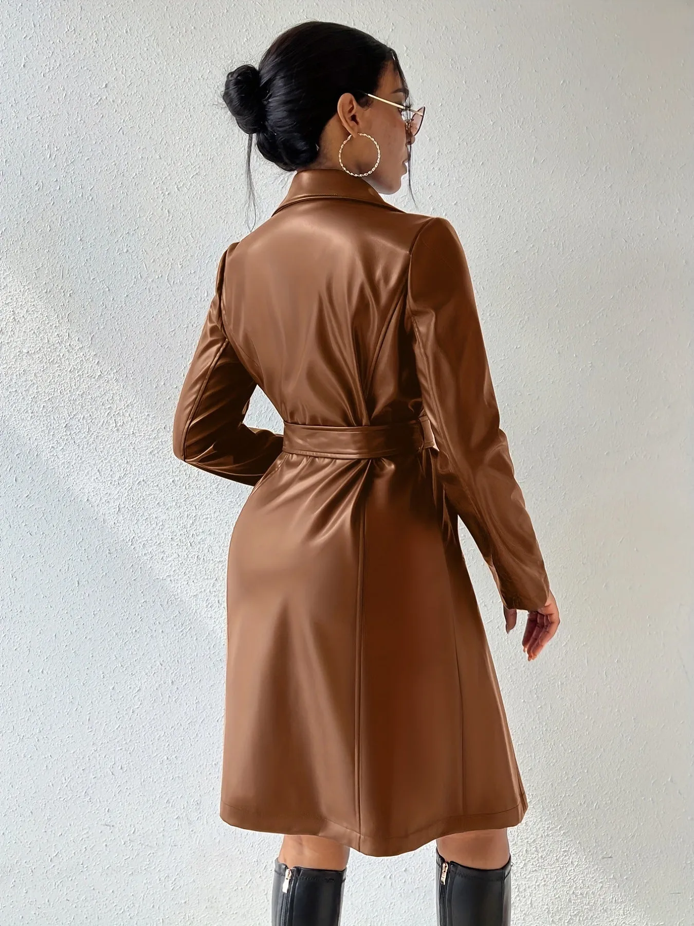 Long Sleeve Lapel PU Leather Jacket With Pockets Slim Fit Long Trench Coat Women's