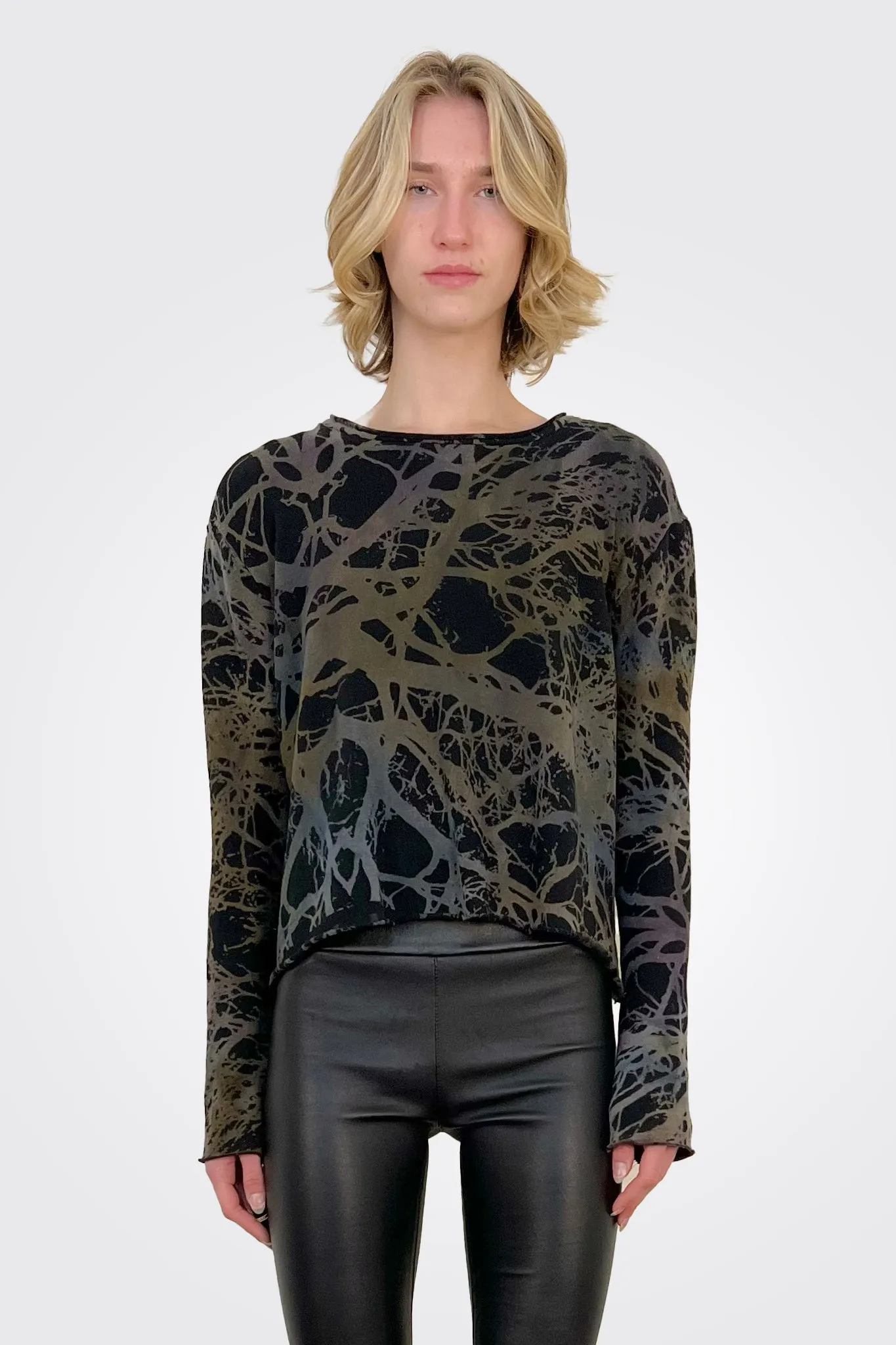 Long Sleeve Tree Crop Top - Khaki Black