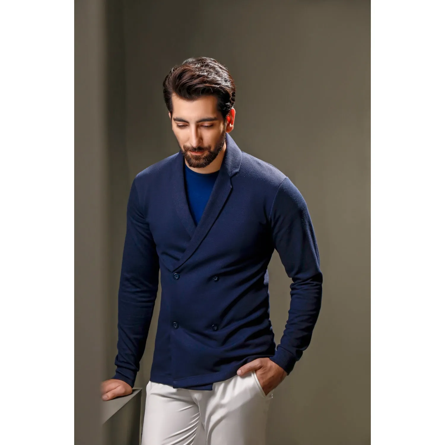 Navy Blue Double Breasted Cardigan