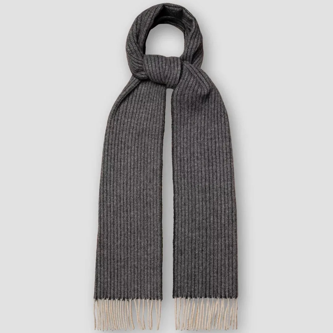 Navy Blue Striped Herringbone Wool Scarf - ETON